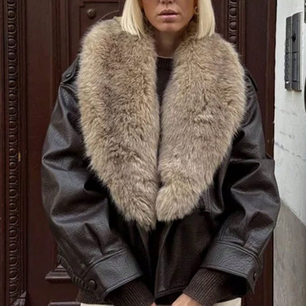 Brown Casual Women's Double-Breasted Leather Jacket - Picture 4 of 8